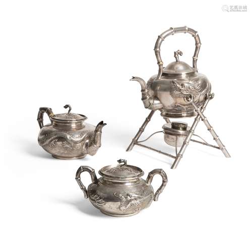 GROUP OF THREE EXPORT SILVER TEA WARES QING DYNASTY, CHONG WO, HONG KONG, 19TH CENTURY