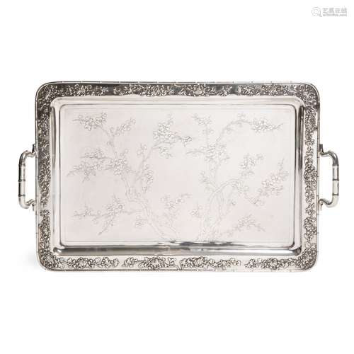 EXPORT SILVER 'PRUNUS' TRAY QING DYNASTY, LUEN WO, SHANGHAI, C.1890