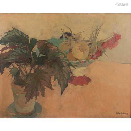 § Heather Copley (British 1918-2001) Still Life with Fruit Bowl and Plant, 1964