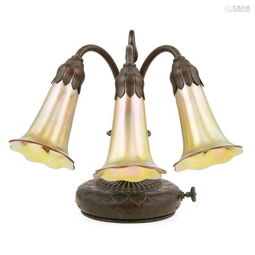 TIFFANY STUDIOS, NEW YORK THREE-LIGHT ‘LILY’ PIANO LAMP, CIRCA 1910