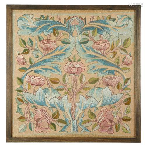 MAY MORRIS (1862-1938) FOR MORRIS & CO. 'ROSE BUSH' ARTS & CRAFTS EMBROIDERED PANEL, CIRCA 1900