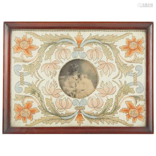 MANNER OF MORRIS & CO. ARTS & CRAFTS SILKWORK EMBROIDERED PHOTOGRAPH MOUNT, CIRCA 1900