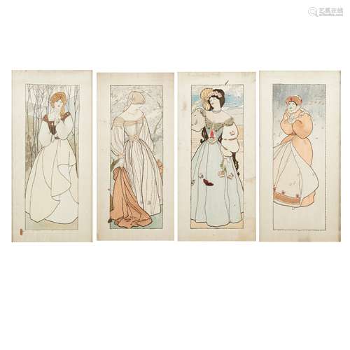 ENGLISH SCHOOL 'THE FOUR SEASONS', SET OF FOUR ARTS & CRAFTS EMBROIDERED PANELS, CIRCA 1900