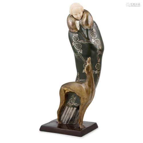 Y § SOLANGE BERTRAND (1913-2011) 'ELÉGANTE AU LEVRIER', ART DECO BRONZE AND IVORY FIGURE, CIRCA