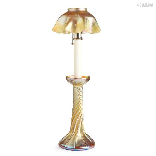 TIFFANY STUDIOS, NEW YORK IRIDESCENT 'FAVRILE' GLASS CANDLE LAMP & SHADE, CIRCA 1910
