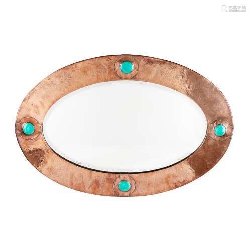 MANNER OF LIBERTY & CO., LONDON ARTS & CRAFTS COPPER AND ENAMEL WALL MIRROR, CIRCA 1900