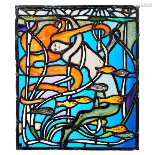 AFTER W.G. MORTON ART NOUVEAU STYLE STAINED AND LEADED GLASS PANEL, LATE 20TH CENTURY