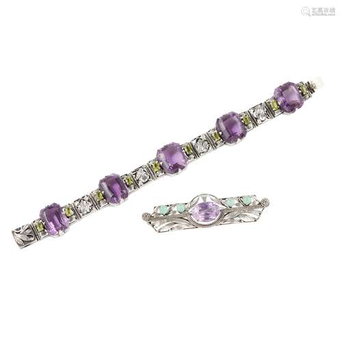 ATTRIBUTED TO BERNARD INSTONE SILVER AND GEM SET BRACELET, EARLY 20TH CENTURY