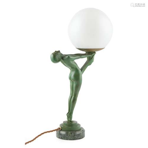 MAX LE VERRIER (1891-1973) ART DECO PATINATED BRONZE FIGURAL TABLE LAMP, CIRCA 1930