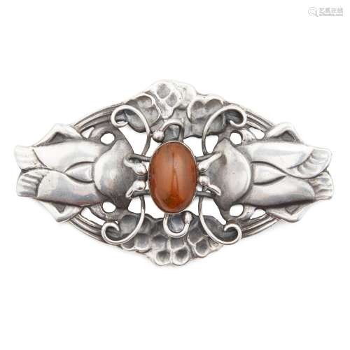 GEORG JENSEN (1866-1935) SILVER AND AMBER BROOCH, MARKS FOR 1933-44