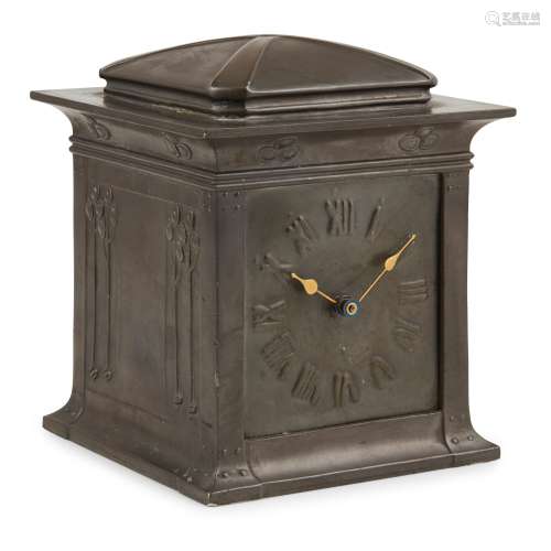 ATTRIBUTED TO DAVID VEASEY FOR LIBERTY & CO., LONDON 'TUDRIC' PEWTER AND COPPER MANTEL CLOCK, CIRCA