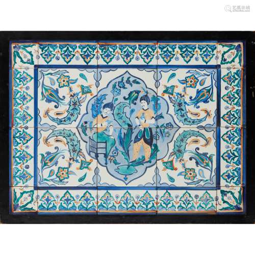 ENGLISH SCHOOL, MANNER OF PILKINGTON'S TILE & POTTERY CO. FRAMED PERSIAN STYLE PAINTED TILE PANEL,