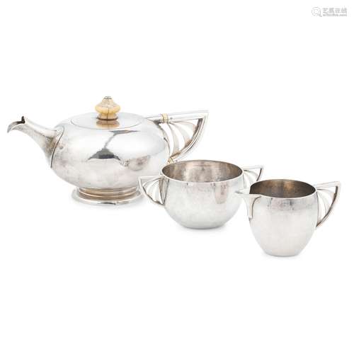 Y ALBERT JOHN WATTS ART DECO SILVER THREE-PIECE TEA SERVICE, LONDON 1932-1939