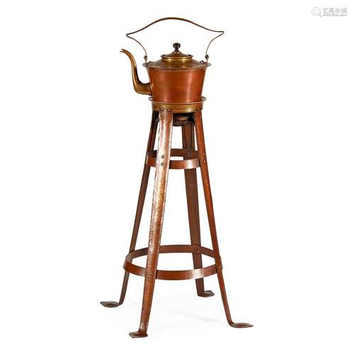 BIRMINGHAM GUILD OF HANDICRAFTS BRASS AND COPPER KETTLE ON STAND, CIRCA 1900