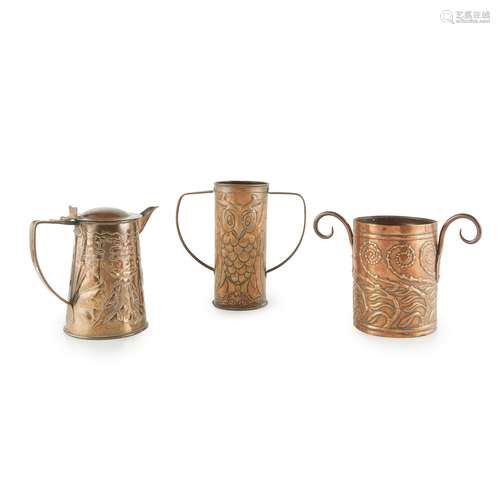 ENGLISH SCHOOL THREE ARTS & CRAFTS COPPER VESSELS, CIRCA 1900