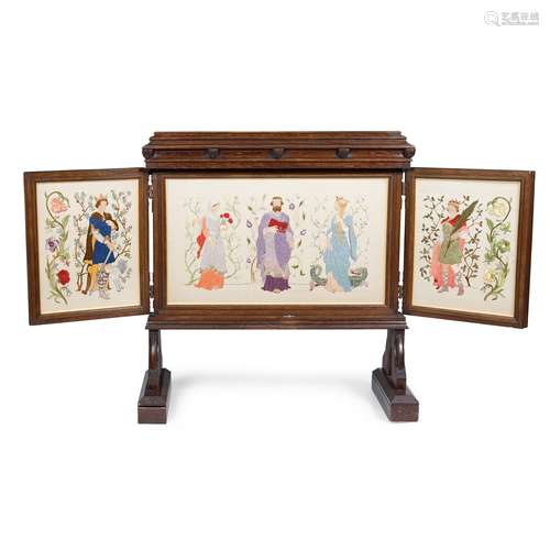 ENGLISH SCHOOL ARTS & CRAFTS OAK-FRAMED TRIPTYCH, CIRCA 1910