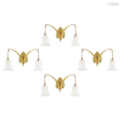 BIRMINGHAM GUILD OF HANDICRAFT SET OF FOUR ARTS & CRAFTS BRASS WALL SCONCES, CIRCA 1900