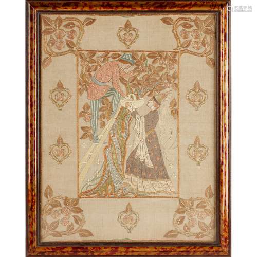 ENGLISH SCHOOL ARTS & CRAFTS EMBROIDERED PANEL, CIRCA 1910