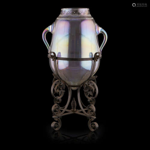 J. & L. LOBMEYR, VIENNA ENAMELLED IRIDESCENT GLASS VASE AND FRAME, CIRCA 1880