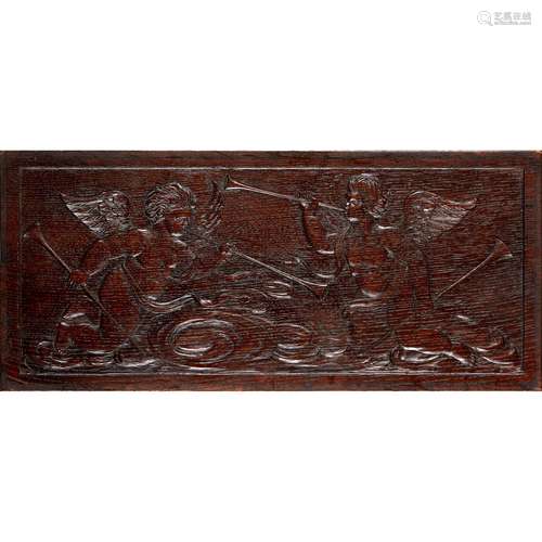 ENGLISH SCHOOL, MANNER OF WALTER CRANE ARTS & CRAFTS CARVED OAK PANEL, CIRCA 1900