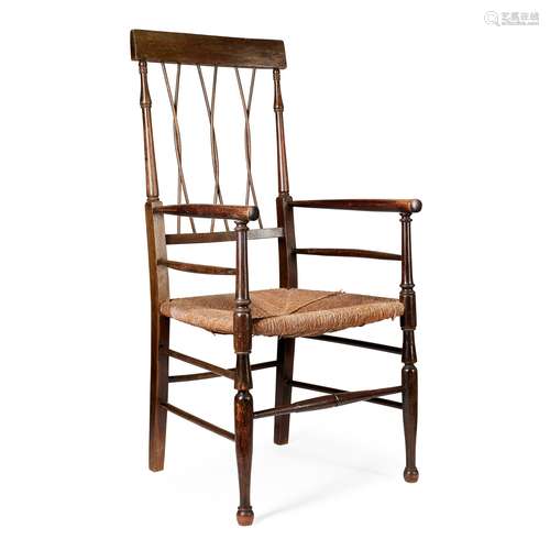 ENGLISH SCHOOL ARTS & CRAFTS STAINED BEECH ARMCHAIR, CIRCA 1890