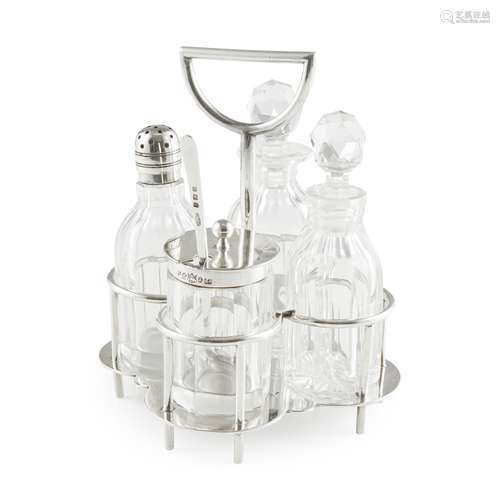 CHRISTOPHER DRESSER (1834-1904) FOR ELKINGTON & CO. SILVER PLATE FOUR-PIECE CRUET SET, CIRCA 1880