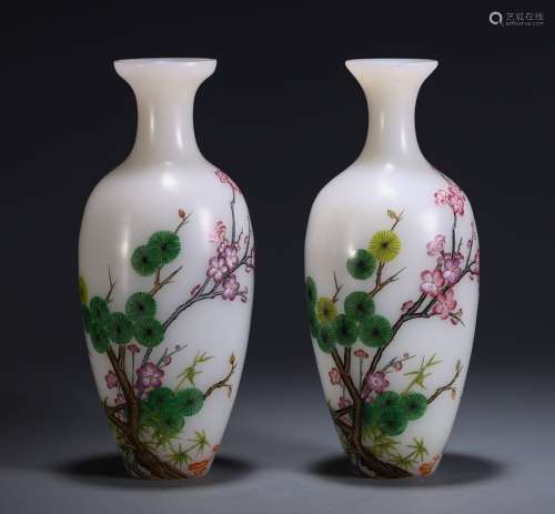 Pair Of Chinese Glass Ware Floral Vases