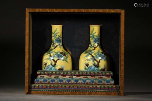 Pair Of Chinese Porcelain Yellow Glazed Floral Painting Zun Vases