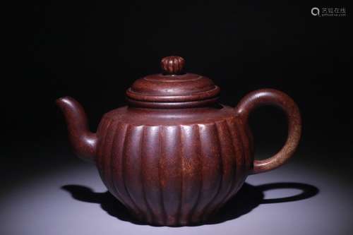 A Chinese Zisha Melon Shaped Tea Pot