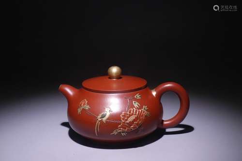 A Chinese Gilt Zisha Floral & Brid Tea Pot