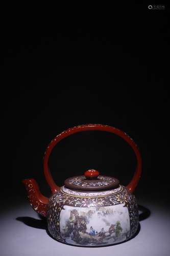 A Chinese Qing Zisha Enameled Figure Tea Pot