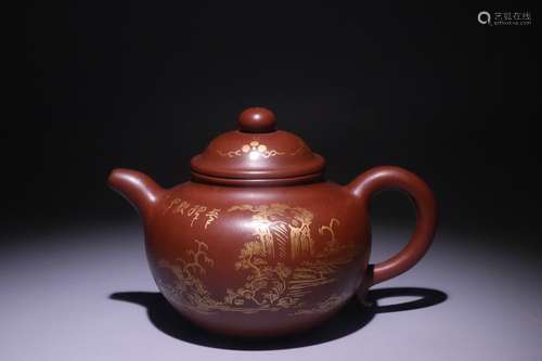 A Chinese Zisha Gold Landscape Tea Pot