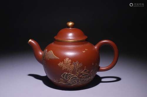 A Chinese Zisha Gold Painting Landscape Tea Pot