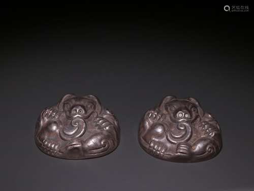 Pair Of Chinese Beast Silver Paperweights