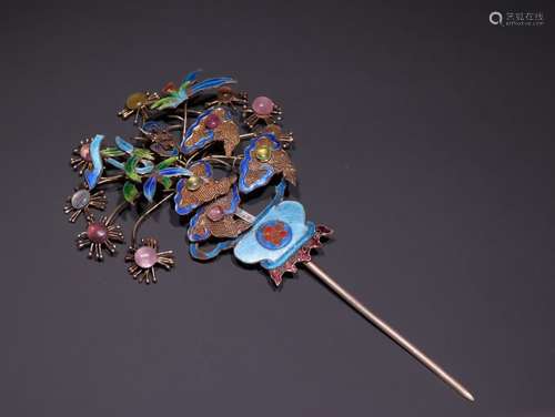 A Chinese Qing Enameling Blue Floral Hairpin