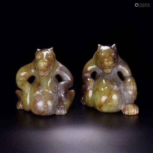 Pair Of Chinese Hetian Jade Material Bear Paperweights