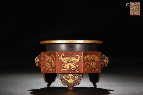 A Chinese Gilt Bronze Octagonal Censer