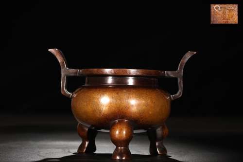 A Chinese Bronze Ear-Censer Studded with Silver Pattern