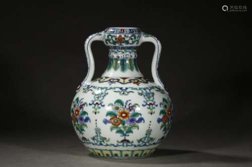 A Chinese Porcelain Doucai Floral Ear Vase