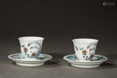 Pair Of Chinese Porcelain Doucai Floral Cups&Plates