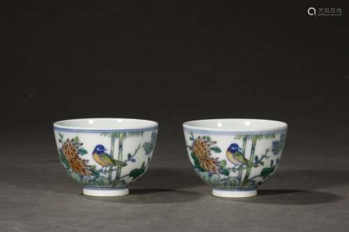 Pair Of Chinese Porcelain Doucai Floral&Bird Cups