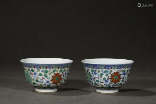 Pair Of Chinese Porcelain Doucai Floral Cups