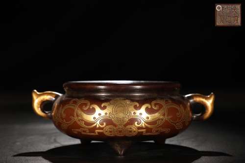 A Chinese Gilt Bronze Ear-Censer with Fu Shou Pattern