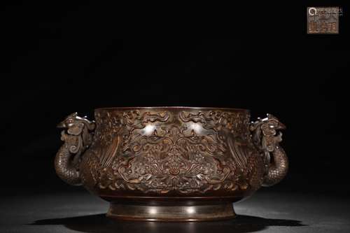 A Chinese Bronze Phonexi Head Ear-Censer with Peony Pattern