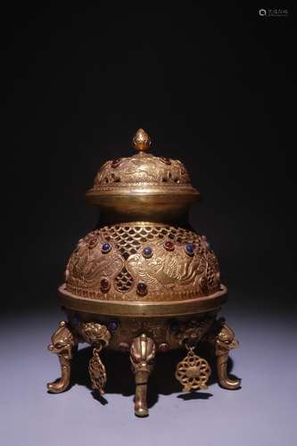 A Chinese Embeded With Gem Phoenix Gilt Sliver Incense Holder