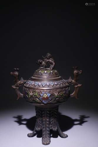 A Chinese Qing Double Ear Beast Bronze Incense Censer With Cloisonne