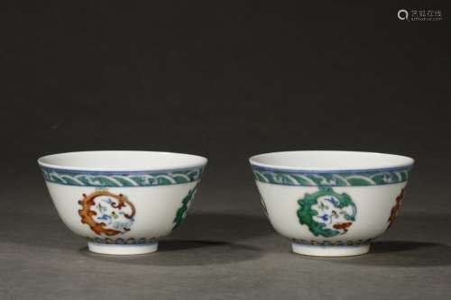 Pair Of Chinese Porcelain Doucai Dragon Cups