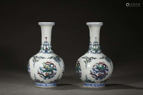 Pair Of Chinese Porcelain Doucai Dragon Vases