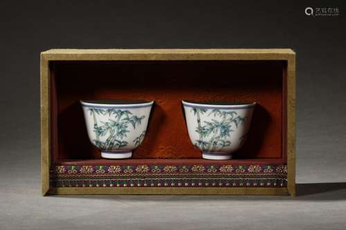 Pair Of Chinese Porcelain Doucai Bamboo Pattern Cups