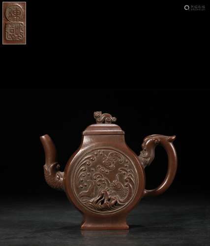 A Chinese Zisha Oblate Pot with Three Beasts Pattern, Chen Mingyuan Mark